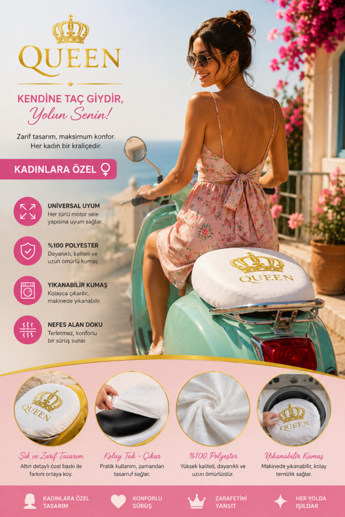 Queen Kadınlara Özel Universal Motor Sele Kılıfı – Yıkanabilir Scooter Sele Örtüsü Beyaz