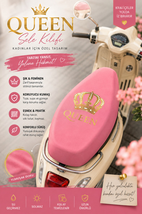 Queen Kadın Motor Sele Kılıfı Universal Scooter Sele Koruyucu Pembe Yıkanabilir Koltuk Kılıfı