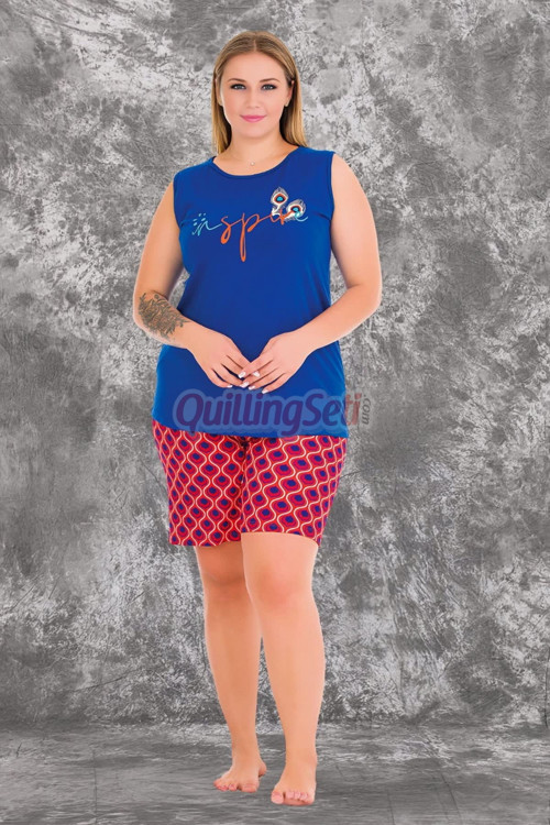 Mavi Renk ve Desenli Büyük Beden 10426 Kadın Şortlu Anne Pijama Takımı - 2XL