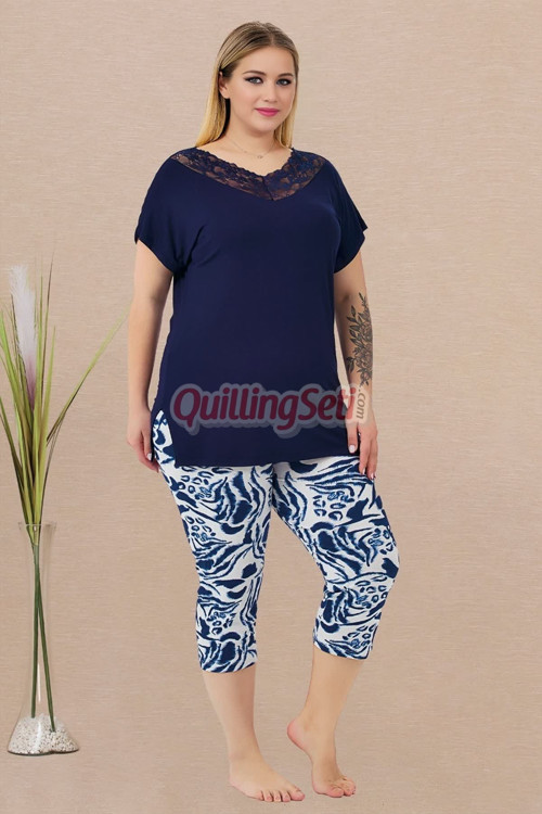 Lacivert Beyaz Renk, Çiçek Desenli 10734 Pamuklu Büyük Beden Tayt ve Kapri Anne Pijama Takımı - 3XL