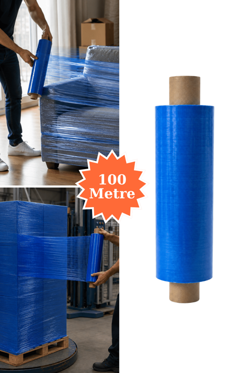 El Tipi Mavi Streç Film Mobilya Eşya Koli Palet Paket Taşıma Sarma Koruma 40 cm x 100 m 18 Mikron