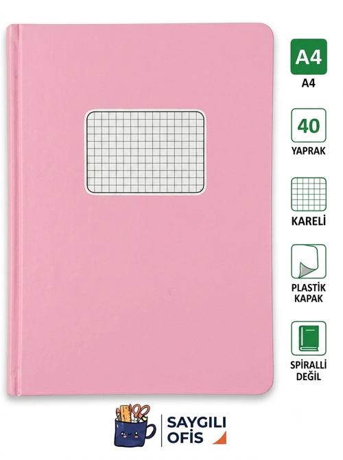 SaygılıOfis 40 Yaprak A4 DİKİŞLİ DÜZ Pp Kapak KARELİ Defter