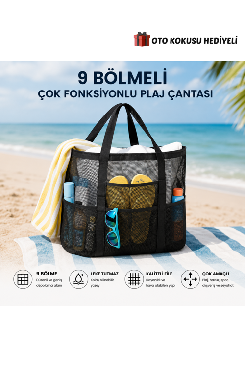 9 Bölmeli Plaj Çantası File Çanta Çok Fonksiyonlu Plaj Çantası Geniş Siyah Renk Leke Tutmaz