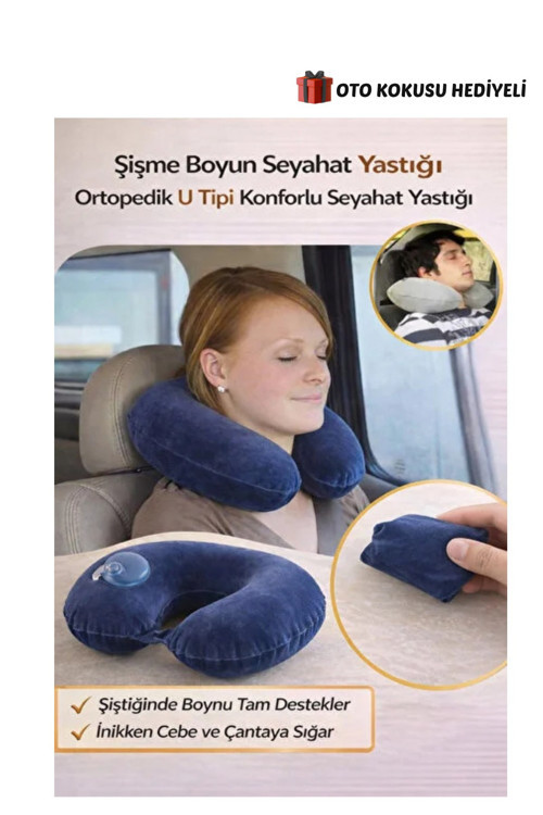 Seyahat Yastığı Şişme Boyun U Tipi Ortopedik Şişirilebilir Yolcu Uyku Yastığı Lacivert