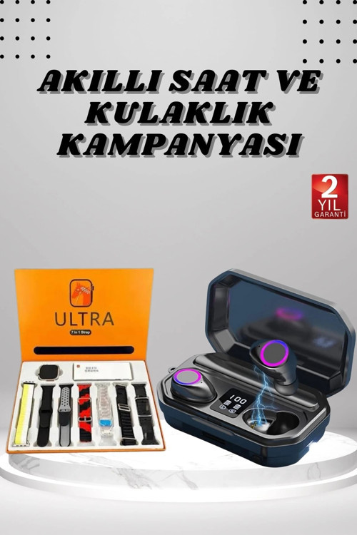 Yeni Nesil Akıllı Saat ve Bluetooth Kulaklık Kampanyası Dijital Göstergeli Powerbankli