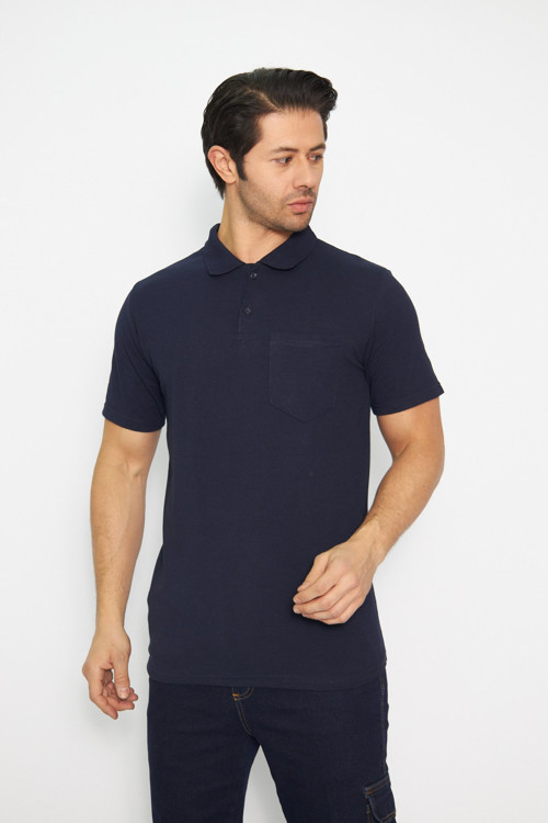 T-shirt Polo Yaka Kısakol %100 Pamuk Cepli Lacivert