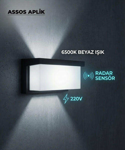 Assos Aplik Radar Sensörlü Dış Mekan Duvar Armatürü | 6500K Beyaz Işık | 220V
