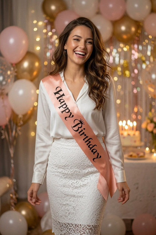 Happy Birthday Saten Kuşak Somon Üzeri Siyah Baskılı Doğum Günü Parti Kutlama Aksesuarı