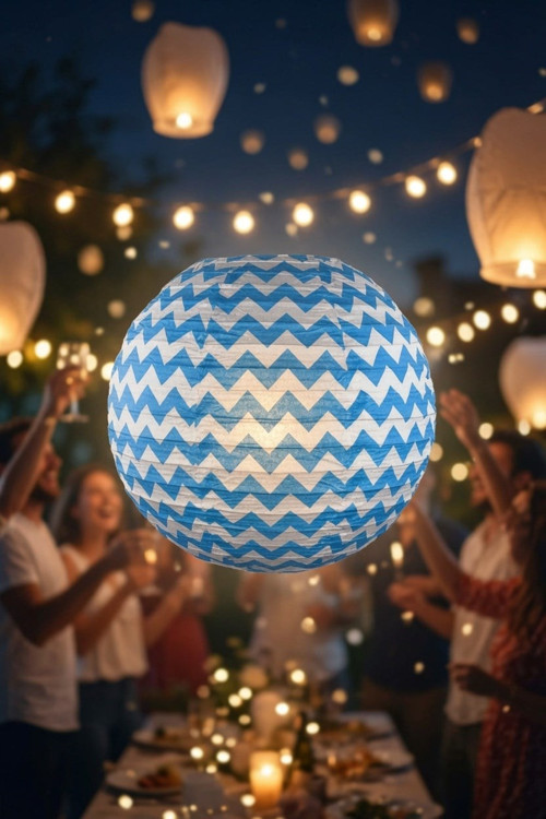 Japon Feneri Çin Feneri Zigzag Desenli Mavi Kağıt Fener 30 Cm Parti Bahçe Dekorasyonu