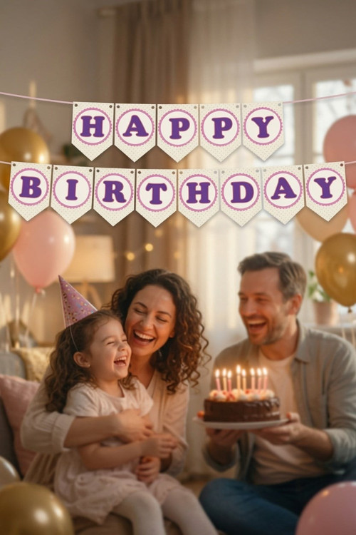 Dekoratif Happy Birthday Puantiyeli Kağıt Banner İpli Doğum Günü Parti Süsleme Seti