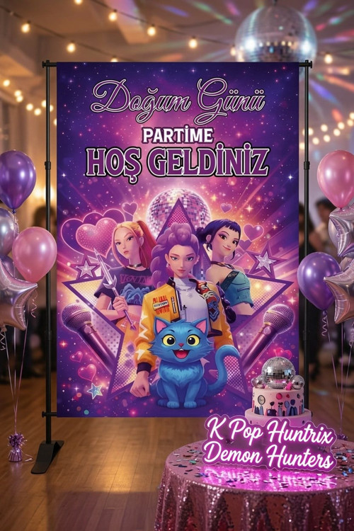 K Pop Huntrix Demon Hunters Doğum Günü Afişi 70x100 Cm Branda Parti Arka Fon Dekoru