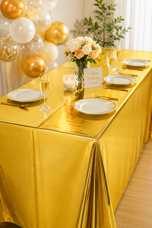 Gold Altın Metalik Parti Masa Örtüsü 137x183 Cm Doğum Günü Kutlama Masa Dekoru