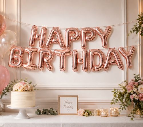 Happy Birthday Rose Gold Folyo Balon Yazı Seti 13 Parça İpli Doğum Günü Parti Süsü Dekoru