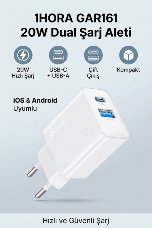 GAR161 20W Dual Şarj Aleti USB-C USB-A Çift Çıkış Hızlı Şarj Siyah