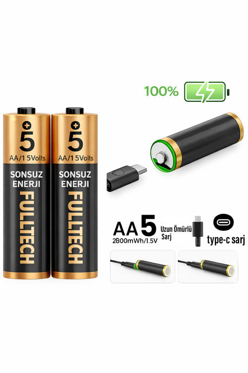 Şarjlı Kalın Kalem Pil AA Şarj Edilebilir Pil 1.5V 2800mWh Lityum-İon Kalın Pil AA 5 Type-C Şarjlı 2