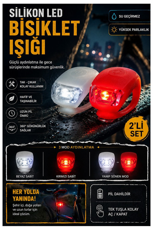 Bisiklet Işığı Led Kırmızı Beyaz 2 li 1 Paket Bisiklet Motorsikler Silikon Lamba Ledli Flaşör Çakar Lamba Ön Arka Işık