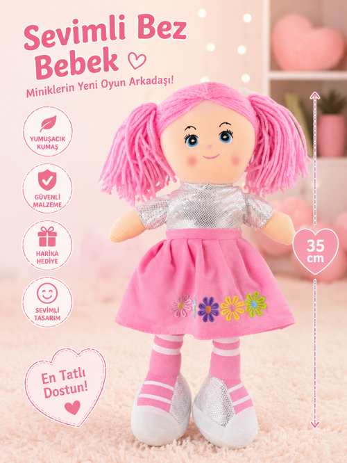 Pembe Saçlı Çiçek Desenli Bez Bebek 35 cm – Yumuşak Peluş Oyun Arkadaşı