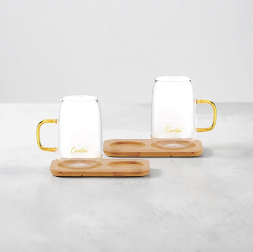 Bambu Tabaklı Borosilikat Kupa Seti 4 Parça – 2x280 ml Kupa + 2 Bambu Tabak