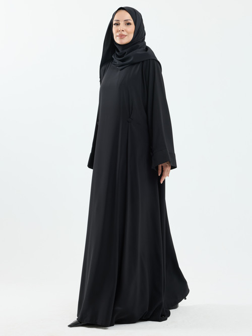 Serra Şal Hediyeli Düğme Detaylı Dubai Abaya Takım Siyah - 1015