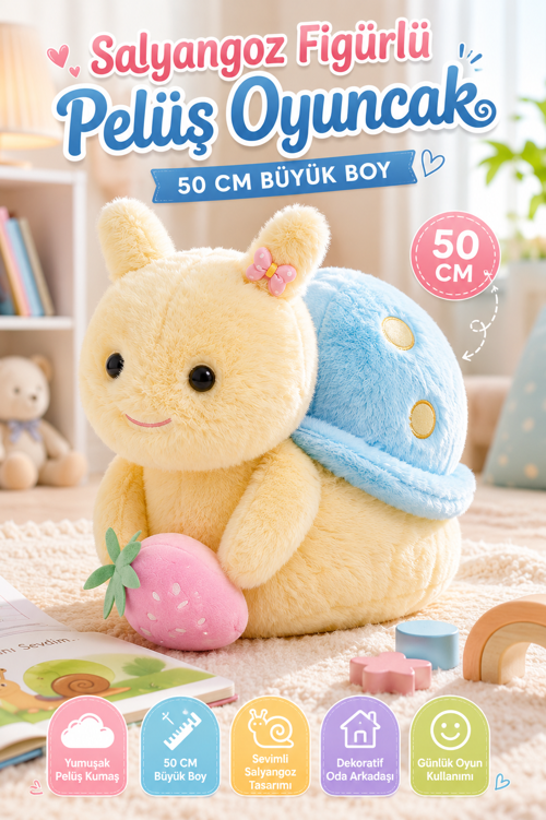 Salyangoz Figürlü Mavi Sırtlı Pelüş Oyuncak 50 CM Büyük Boy Yumuşak Dokulu Dekoratif Pelüş
