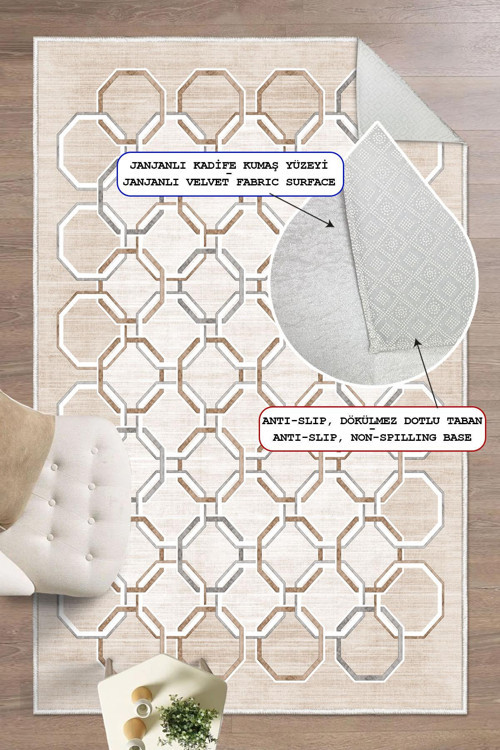 Geometrik Desenli Dekoratif Kaymaz Taban Yıkanabilir Salon Halısı