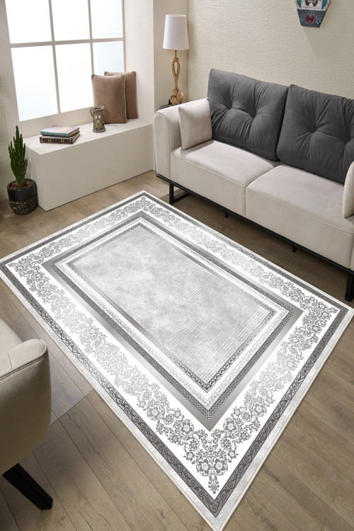 Gri Çerçeveli Yıkanabilir Kaymaz Leke Tutmaz Salon Halı Oturma odası Halı Mutfak Halı ve Yolluk