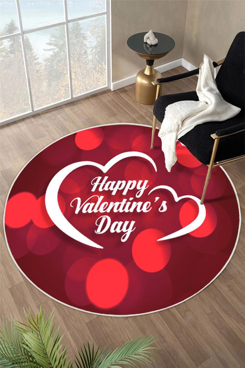 Happy Valentine's Day Kalpli Özel Tasarım Yuvarlak Dijital Baskı Halı