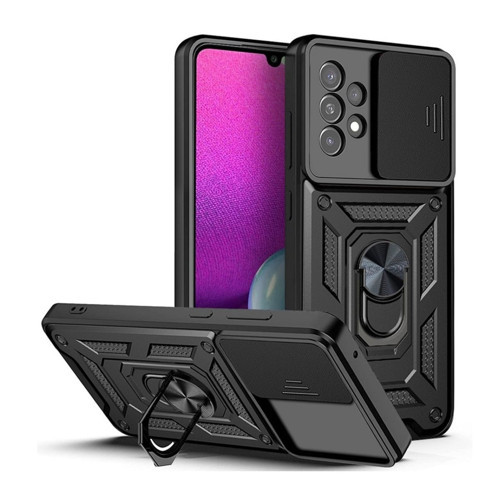 Samsung Galaxy A13 Uyumlu Tank Kılıf Yüzüklü Standlı Extra Koruma Zırhlı Outdoor Kapak Siyah