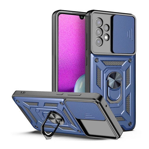 Samsung Galaxy A13 Uyumlu Tank Kılıf Yüzük Standlı Extra Koruma Zırhlı Outdoor Kapak Lacivert