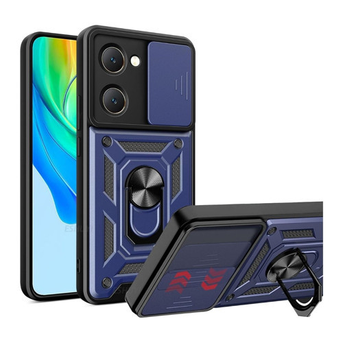 Vivo Y18e Uyumlu Tank Kılıf - Yüzüklü Standlı Extra Darbe Koruma Zırhlı Outdoor Kapak Lacivert