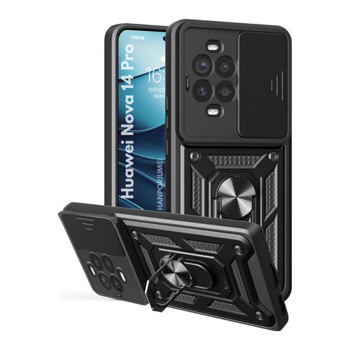 Huawei Nova 14 Pro Uyumlu Tank Kılıf Yüzüklü Standlı Extra Koruma Zırhlı Outdoor Kapak Siyah