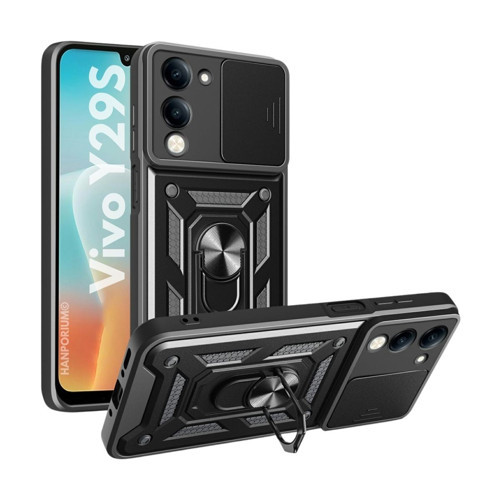 Vivo Y29S Uyumlu Tank Kılıf - Yüzüklü Standlı Extra Darbe Koruma Zırhlı Outdoor Kapak - Siyah