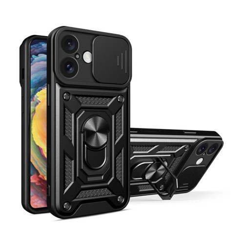 iPhone 16 Uyumlu Tank Kılıf - Yüzüklü Standlı Extra Darbe Koruma Zırhlı Outdoor Kapak - Siyah