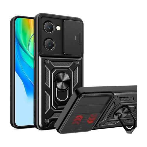 Vivo Y03 Uyumlu Tank Kılıf - Yüzüklü Standlı Extra Darbe Koruma Zırhlı Outdoor Kapak - Siyah