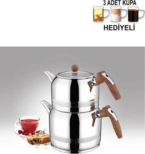 Ahşap Renk Saplı Midi Boy Çaydanlık Takımı 3 Adet Cam Kupa Hediyeli