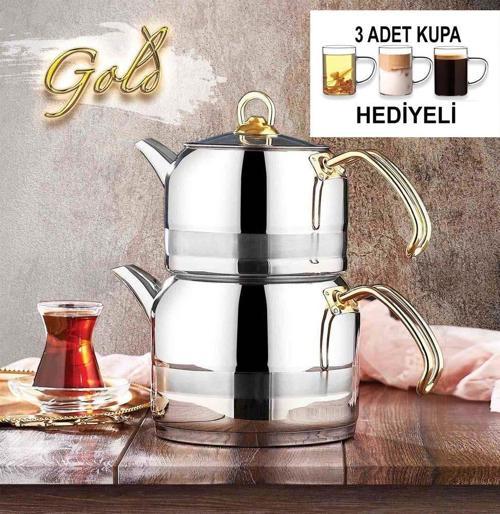 Orta Boy Çaydanlık Takımı Gold Saplı 3 Adet Cam Kupa Hediyeli
