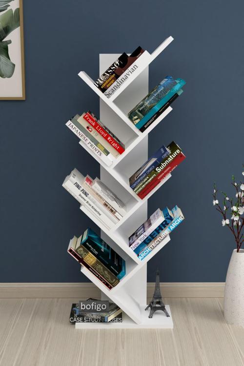 Ağaç Kitaplık Dekoratif Kitaplık Raf Düzenleyici Kitap Rafı Beyaz