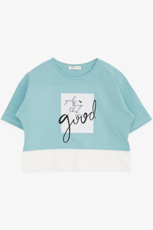 Kız Çocuk Crop Tişört Yazı Baskılı Yanları Yırtmaçlı 9-14 Yaş, Mint Yeşili