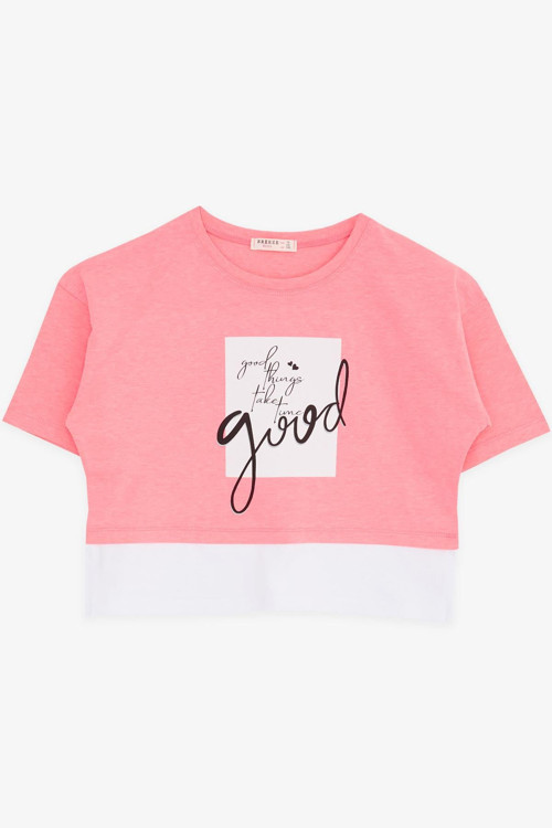 Kız Çocuk Crop Tişört Yazı Baskılı Yanları Yırtmaçlı 9-14 Yaş, Neon Pembe