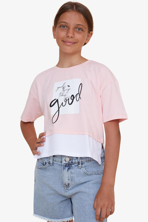 Kız Çocuk Crop Tişört Yazı Baskılı Yanları Yırtmaçlı 9-14 Yaş, Pembe