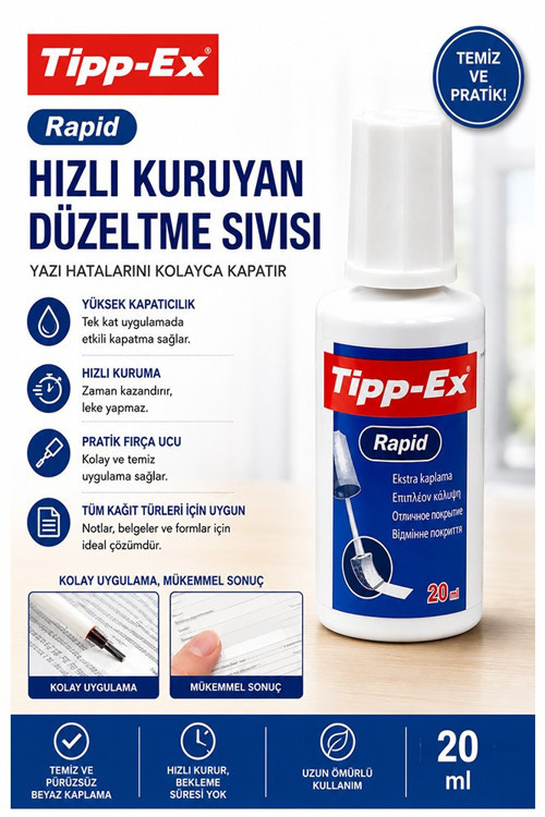 Sıvı Silici Daksil 1 Adet Tipp-Ex 20 ml Fırçalı Sıvı Düzeltici Daksil Yazı Düzeltici Okul Ofis Büro Fırça Uçlu Daksil