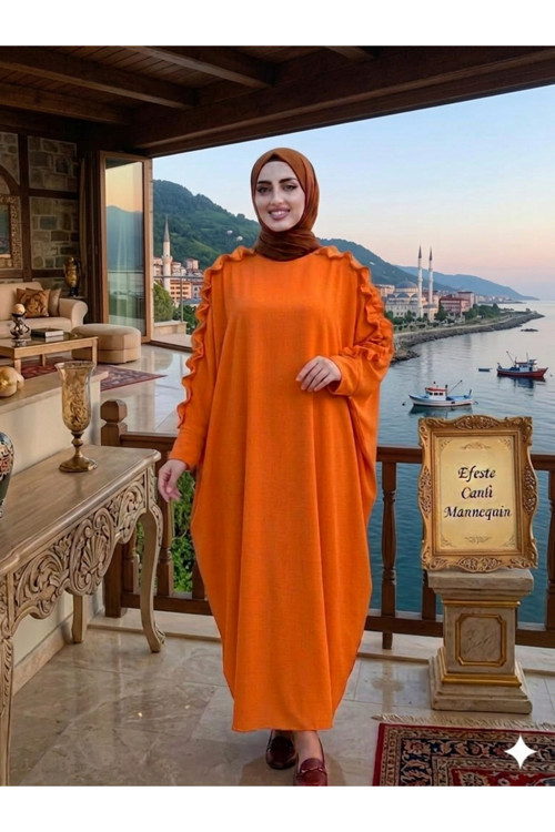 Omuzdan Manşete Kadar Fırfırlı Geniş Kesim 40-56 Beden Ferace Elbise