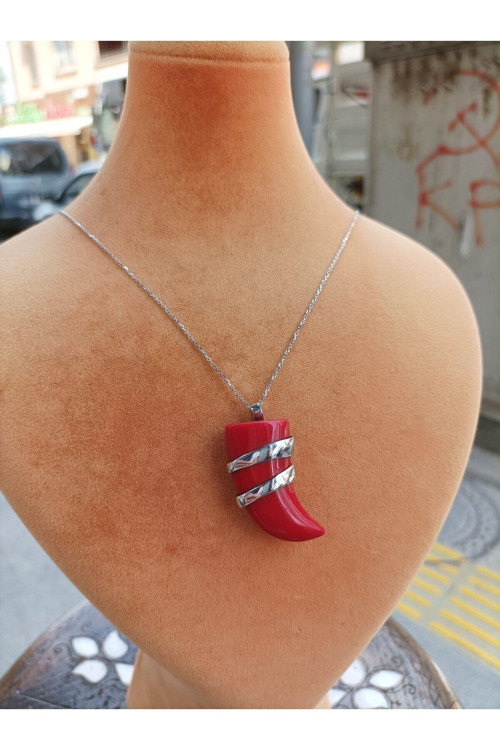 Mercan Taşlı Fil Dişi Gümüş Kadın Kolye