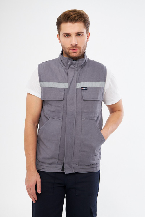 Gri Yelek 7/7 Gabardin %100 Pamuk Kapitoneli Reflektörlü