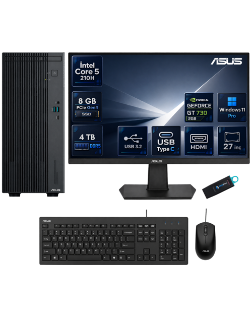 ExpertCenter P500MV Intel Core 5 210H 8 GB DDR5 4 TB SSD Nvidia GT730 Windows 11 Pro Masaüstü Bilgisayar + 27 İnç ASUS M
