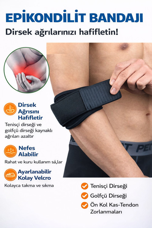 Standart Epikondilit Bandajı Silikon Destekli Tenisçi Golfçü Dirseği Bandı Unisize Standart