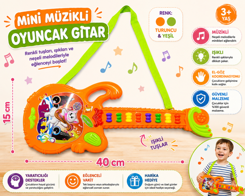 Can-Em Oyuncak 🎸 Mini Müzikli Oyuncak Gitar – Turuncu Yeşil