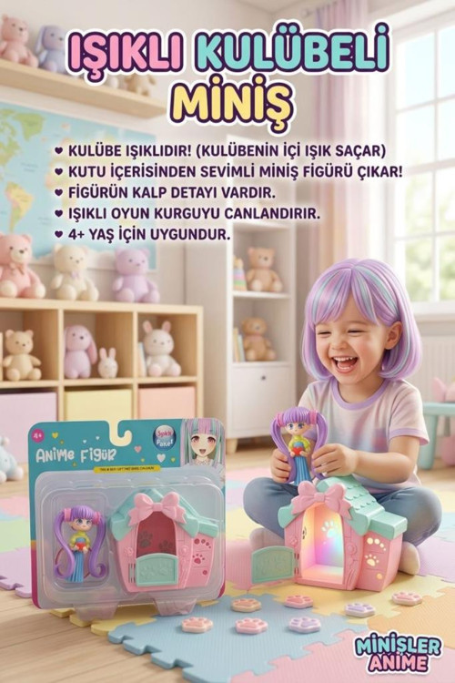 Minişler Anime 4 Parça Işıklı Toplu Köpek Kulübeli Yukina Anime Kızlı Oyuncak Figür Seti