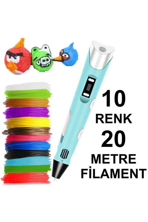 MAVİ 3D Kalem Yazıcı+10 renk 20 metre (10x2metre) PLA Filament