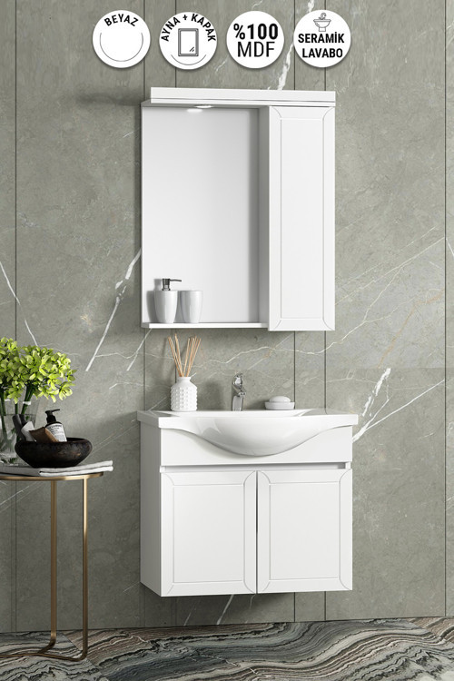 Lilyum 55 cm Beyaz MDF Pk-109 Balon Kapak Seramik Lavabolu Asma Banyo Dolabı Takımı